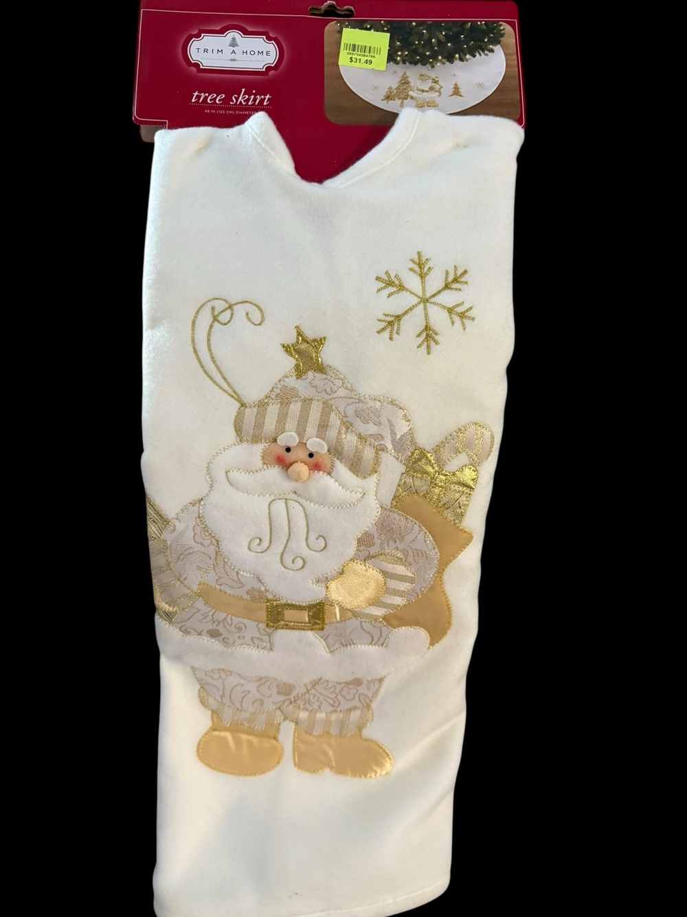 Vintage Christmas Tree Skirt Trim A Home K-Mart White Gold Santa 48” . New!